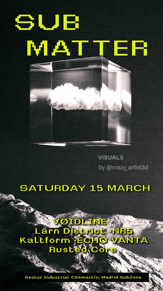 Minimatl Techno flyer design with a minimal atmosphere, a cloud, a cube